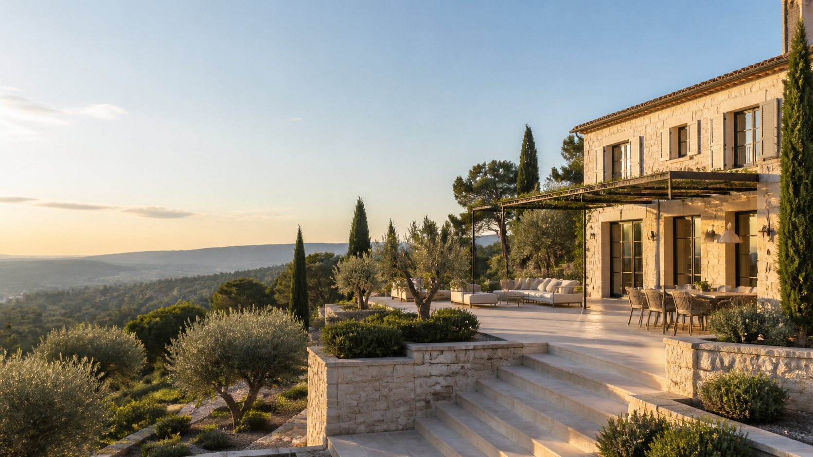 Villa provençale premium sur les hauteurs du Pays de Fayence, terrasse en pierre et jardin méditerranéen