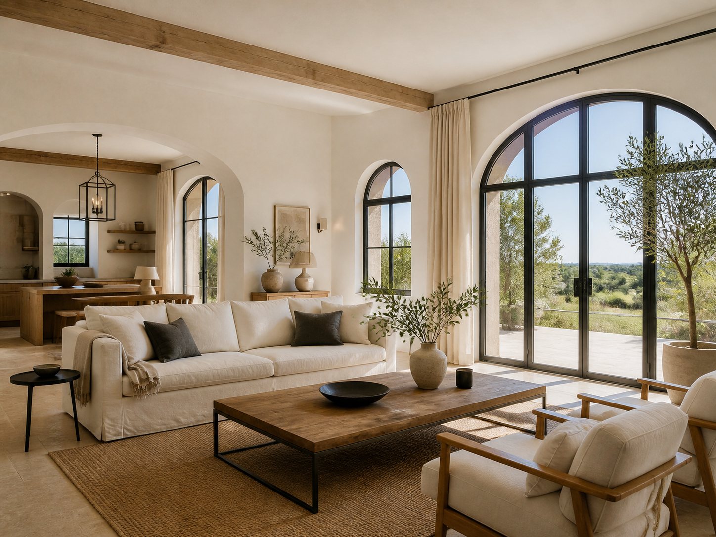 Salon provençal rénové, lumineux et haut de gamme, avec arches, bois naturel et ouvertures noires