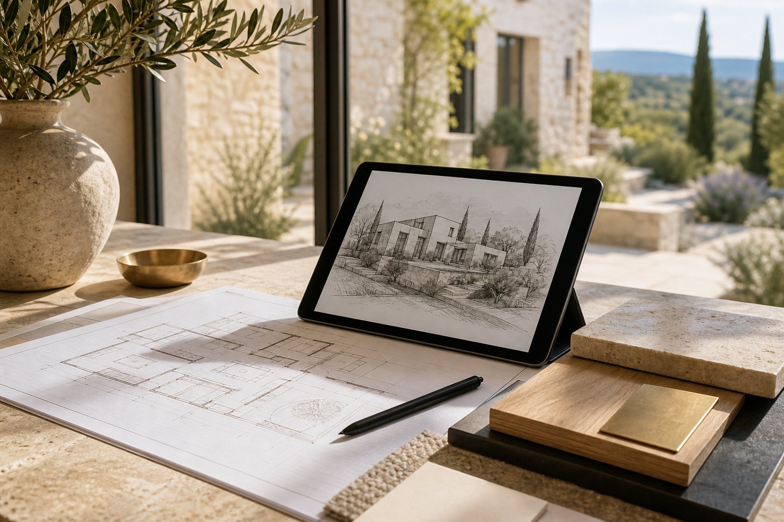 Plans, matériaux et projection architecturale pour analyser le potentiel d'un bien immobilier