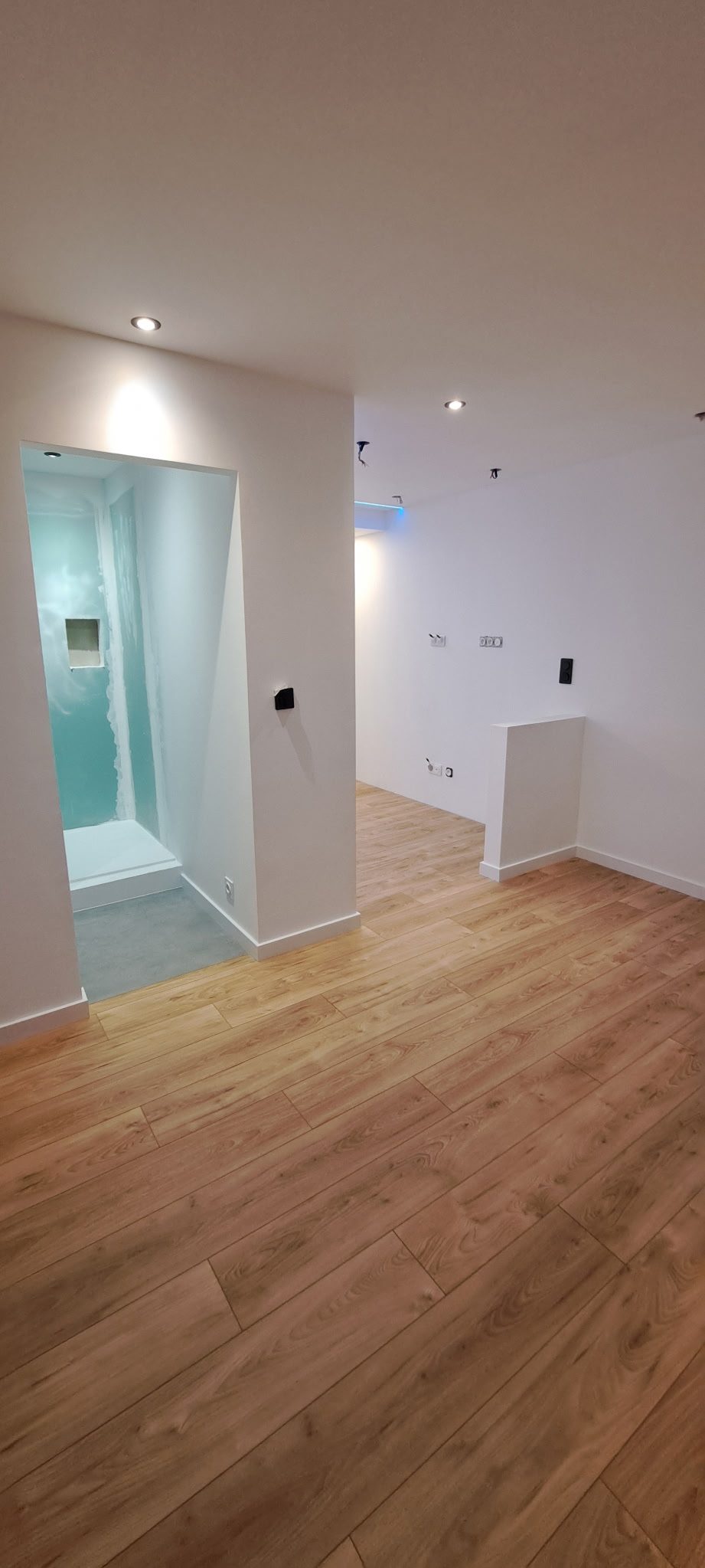La pièce de vie du studio terminée, parquet et lumière naturelle
